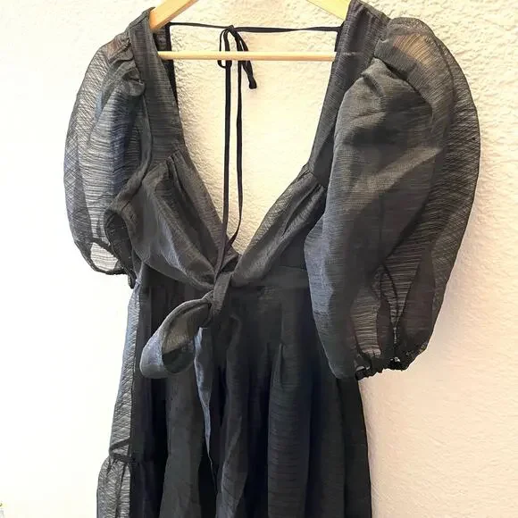 NWT Free People Hailey Puff Sleeve Sheer Midi Dress Black Size 12 $168 Romantic - Picture 7 of 11